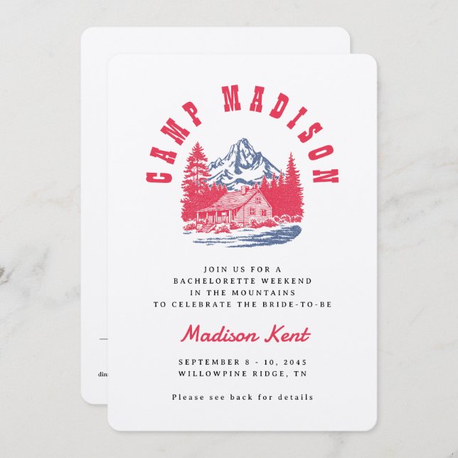 Invitation Camp Bachelorette Bold Retro Mountain Mariage (Devant / Derrière)
