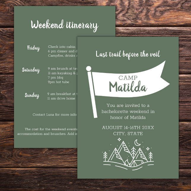 Invitation Camp Bachelorette Forest Green Week Itinéraire (Camp bachelorette invitation forest green camp flag lake mountain woods outdoor bachelorette)