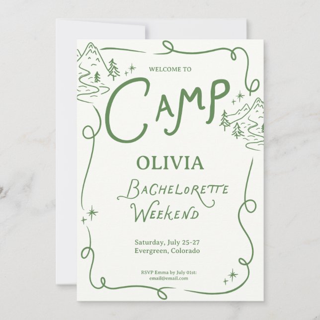 Invitation Camp Bachelorette Green Camping Itinerary  (Devant)