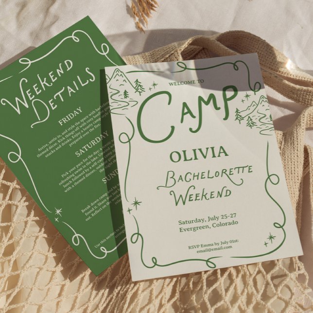 Invitation Camp Bachelorette Itinéraire de Camping Vert  (camp bachelorette itinerary, camping bachelorette party, green bachelorette decor, outdoor bachelore)