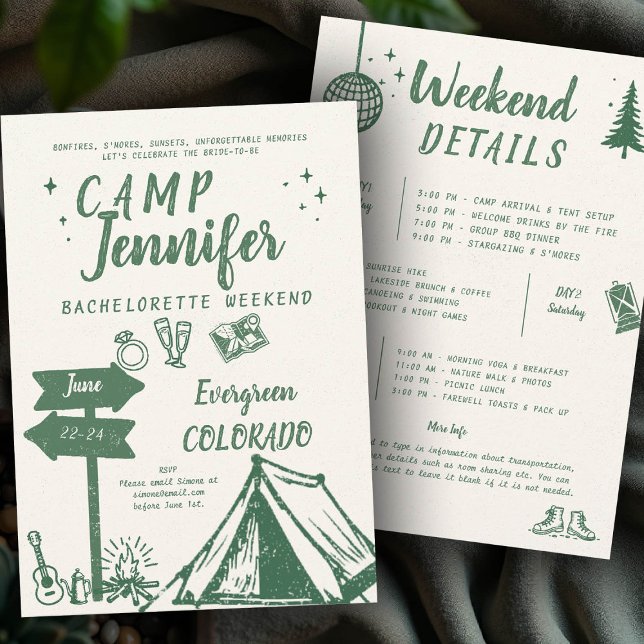 Invitation Camp de rédaction à la main de camping Bachelorett (camp bachelorette invitation handwriting hand written camping glamping hiking bach itinerary)