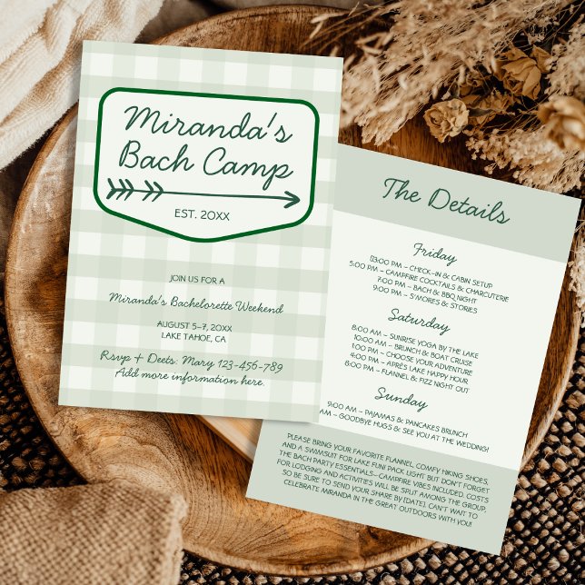 Invitation Camp d'été En vichy Bachelorette Week-end Itinérai (Summer Camp Gingham Bachelorette Weekend Itinerary Invitation)