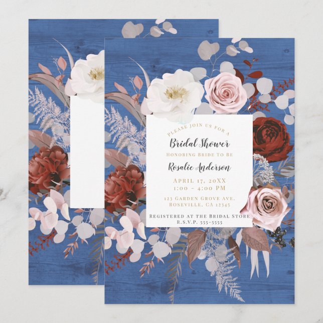 Invitation Campagnard Bleu Bois Floral Fleurir Mariage Showe (Devant / Derrière)