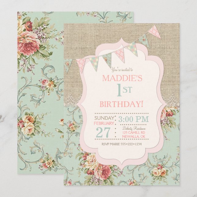 Invitation Campagnard Rustique Chic Toile de Jute Dentelle Fl (Devant / Derrière)