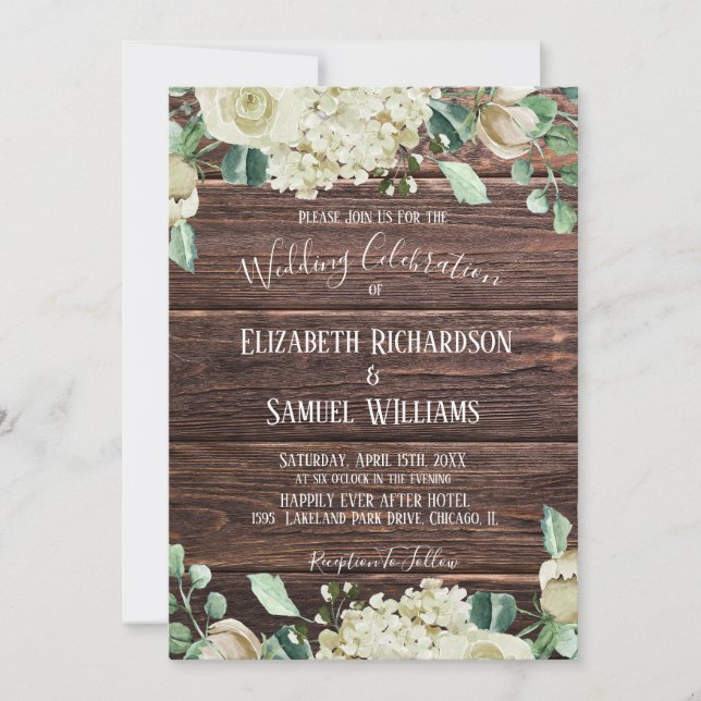 Invitation Campagne Chic Bois Rustique Fleur Blanche Aquarell (Devant)