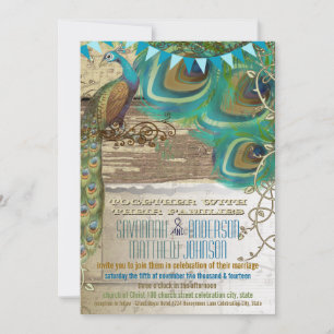 Invitation Campagne Chic Bunch Peacock Vintage Vieux Bois