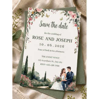 Invitation Campagne italienne romantique cyprès et rose 
