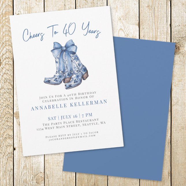 Invitation Campagne Rustique 40e Anniversaire (Country Blue Bow Cowboy Birthday Invitation )