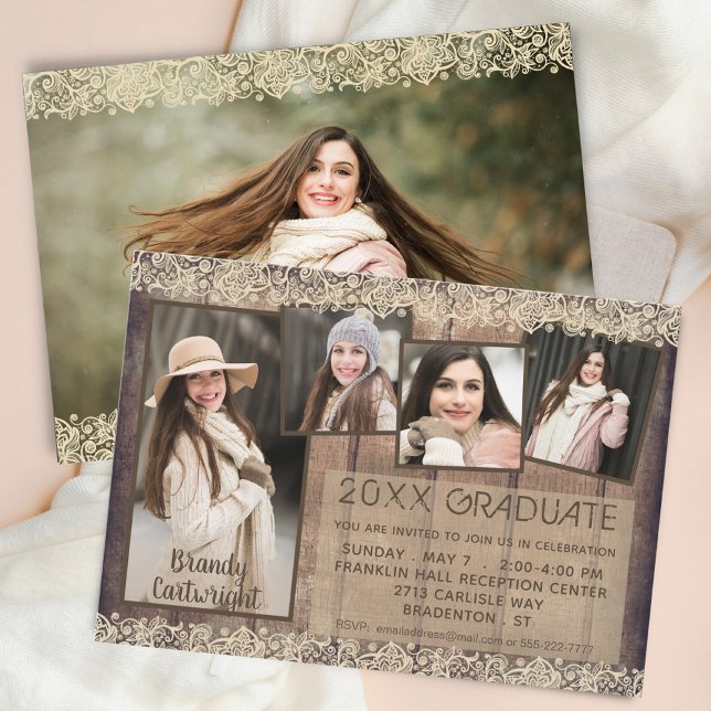 Invitation Campagne Rustique Bois Dentelle DIPLÔMÉ 5 Photos (Créateur téléchargé)