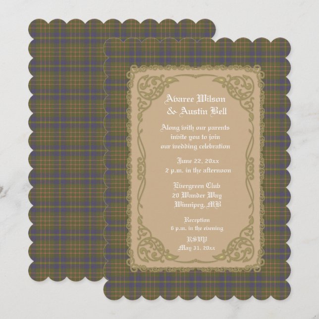 Invitation Campbell Chasse Ancien Tartan Avec Cadre Doré (Devant / Derrière)