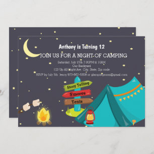 Invitation Camper avec la fête d'anniversaire de feu de camp