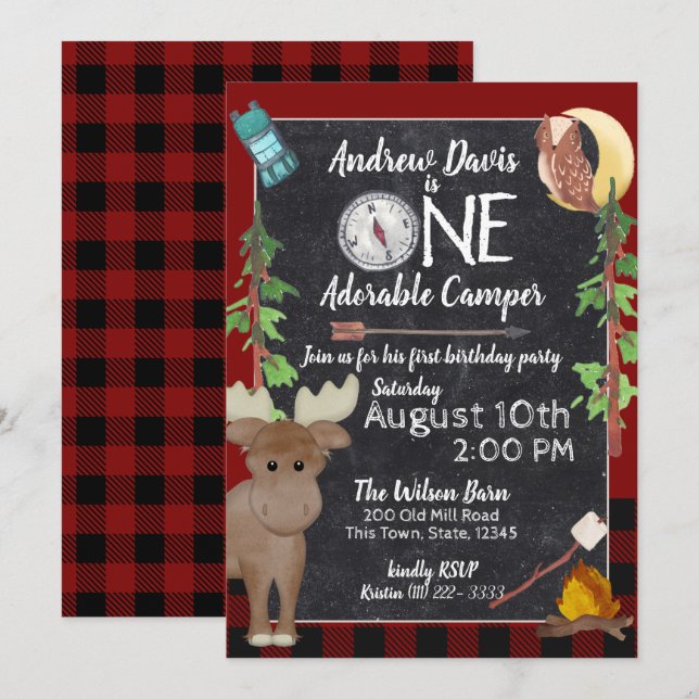 Invitation Camper Buffalo Plaid 1er Anniversaire Camping (Devant / Derrière)