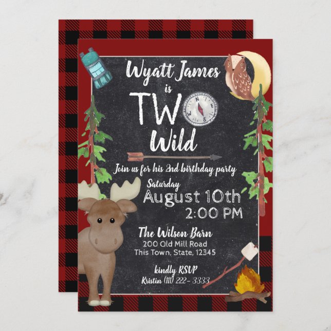 Invitation Camper Buffalo Plaid 2e Anniversaire Camping (Devant / Derrière)