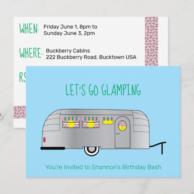 Invitation Camper Caravane Argent Rétro Streamlined Glamping (Devant / Derrière)