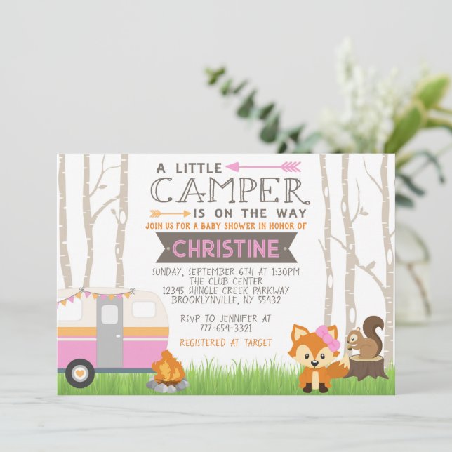 Invitation Camper RV rose Baby shower d'animaux forestiers de (Debout devant)
