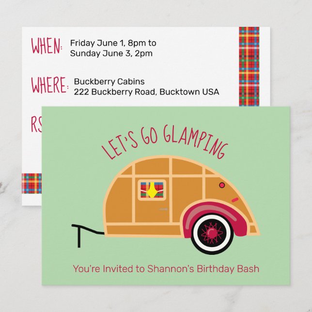 Invitation Camper Teardrop Rétro Woodie Glamping (Devant / Derrière)
