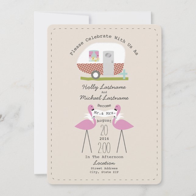 Invitation Camper Vintage Et Flamants roses Mariage (Devant)