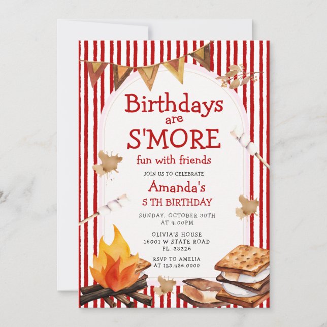 Invitation Campfire Red Stripes Birthday are S'mores Fun (Devant)
