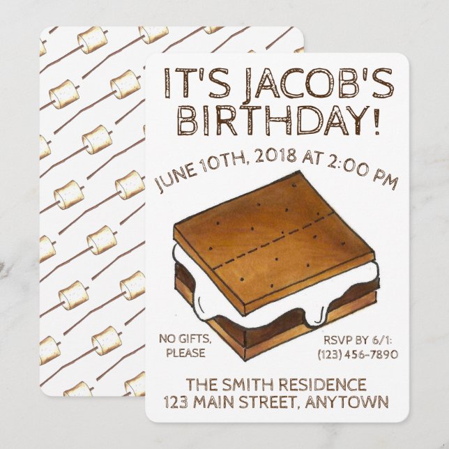 Invitation Campfire S'mores Marshmallow Smores Fête d'anniver (Devant / Derrière)