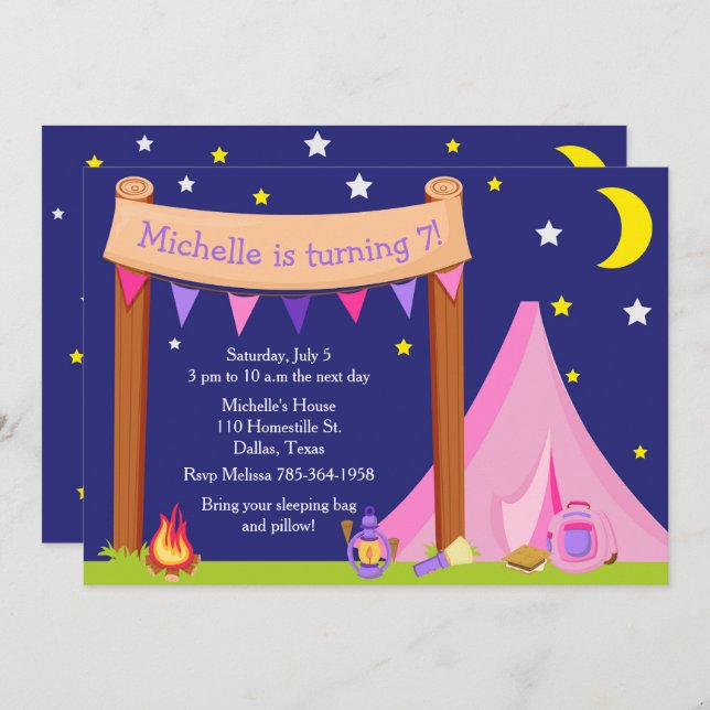 Invitation Camping Anniversaire Dormir rose et violet (Devant / Derrière)