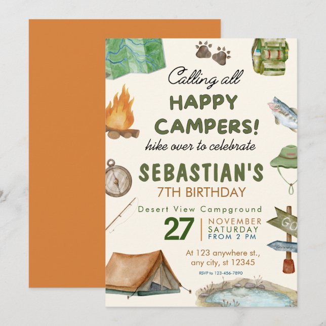 Invitation Camping Anniversaire Fête Enfants modernes (Devant / Derrière)