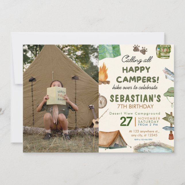 Invitation Camping Anniversaire Fête Enfants modernes Invitat (Devant)