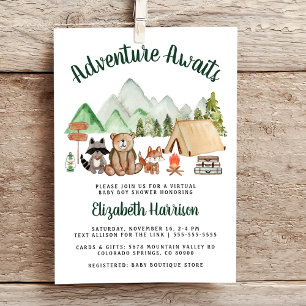 Invitation Camping Baby shower virtuel des animaux de bois