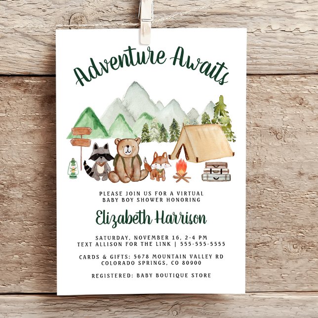 Invitation Camping Baby shower virtuel des animaux de bois (Créateur téléchargé)