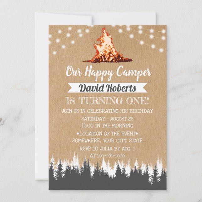 Invitation Camping Bonfire Happy Camper Rustic Kraft Annivers (Devant)