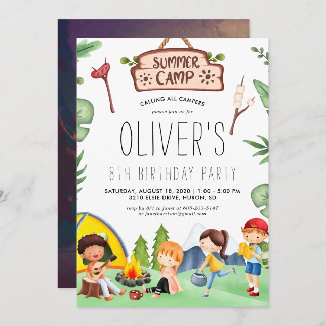Invitation Camping Camp d'été pour enfants à thème | Annivers (Devant / Derrière)