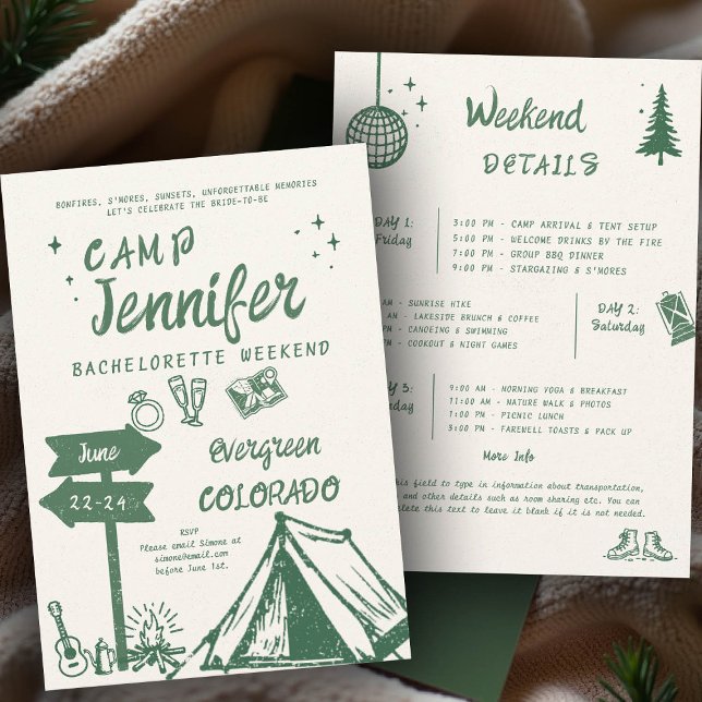 Invitation Camping Camp Green Bachelorette Party écrit à la m (camp bachelorette invitation handwriting hand written itinerary camping glamping hiking nature bach)