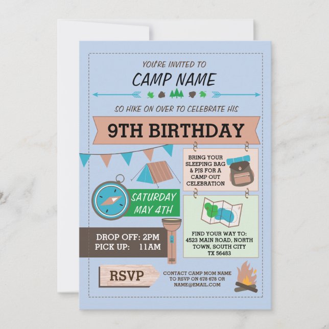 Invitation CAMPING Camp Out BUG ANNIVERSAIRE FÊTE garçons inv (Devant)