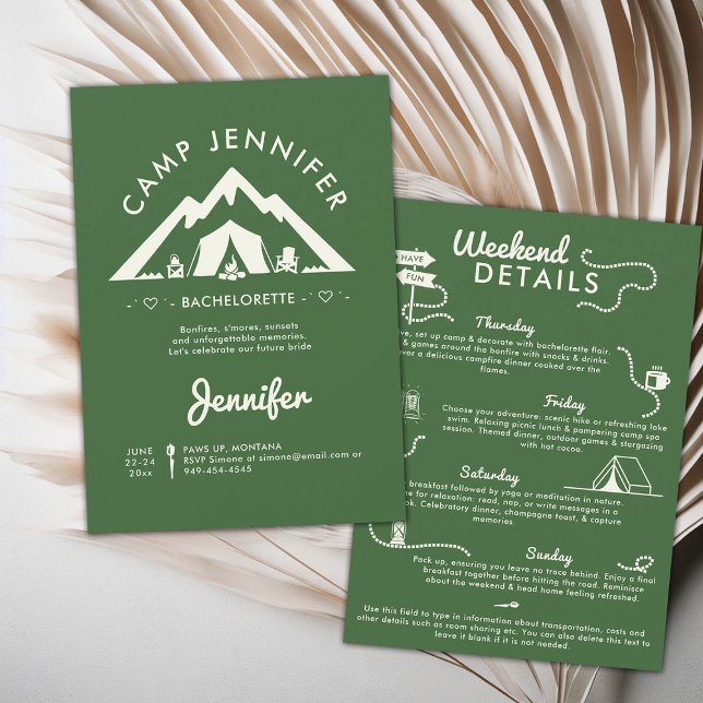 Invitation Camping Camping Camp Green Bachelorette Party (camping bachelorette weekend trip itinerary modern minimalist camp bride bridesmaids mountain forest)