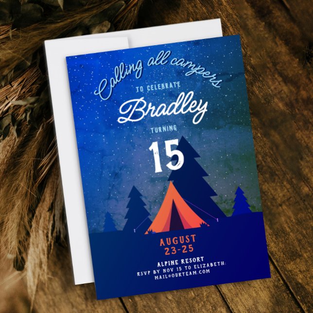 Invitation Camping Cool Blue Feu de camp Glamping 15ème Boisé (Créateur téléchargé)