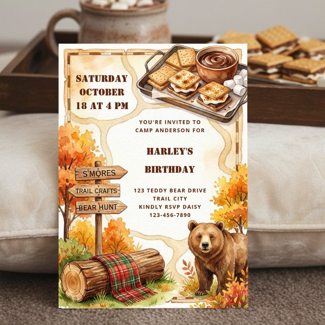 Invitation Camping d'anniversaire automnal confortable Ours à (Camping theme birthday invitation by Darling & May)