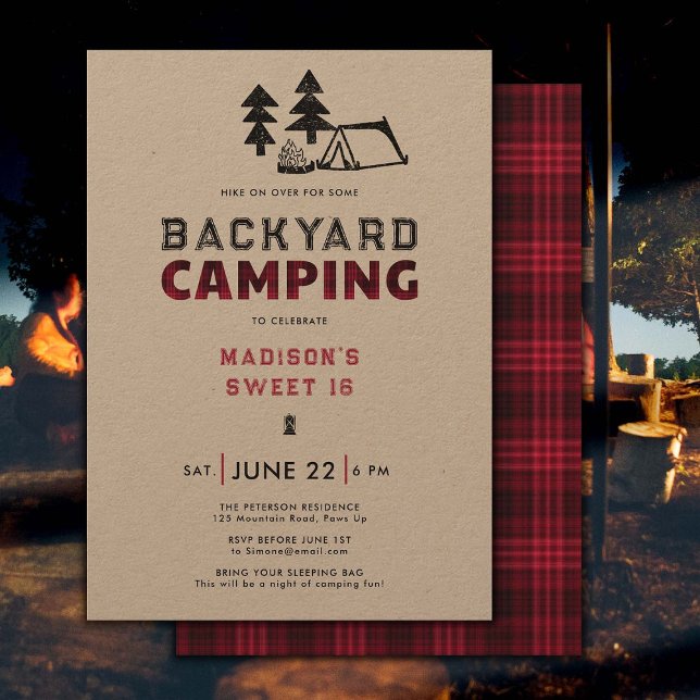 Invitation Camping en arrière-cour Fête en plein air Plaid ro (backyard camping sweet 16 birthday party invitation outdoor adventure camp fire rustic red plaid)