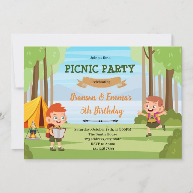 Invitation Camping garçon fille fête conjointe (Devant)