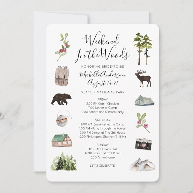 Invitation Camping Glamping Bachelorette Week-end Itinéraire  (Devant)
