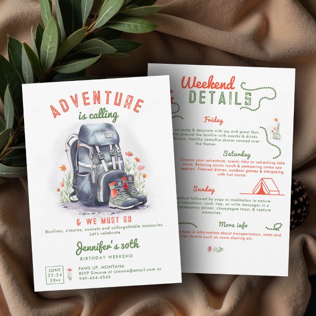 Invitation Camping Glamping Camp 3-Jour 30e Anniversaire Week (camping 30th birthday invitation glamping colorful backpack watercolor hiking weekend itinerary)