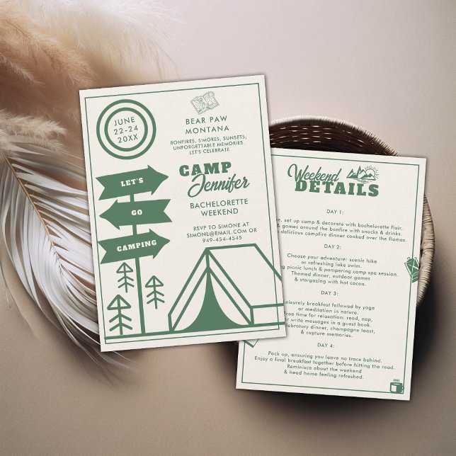 Invitation Camping Mountain Forest Bachelorette Week-end Voya (camping bachelorette weekend trip itinerary modern minimalist camp bride bridesmaids mountains)