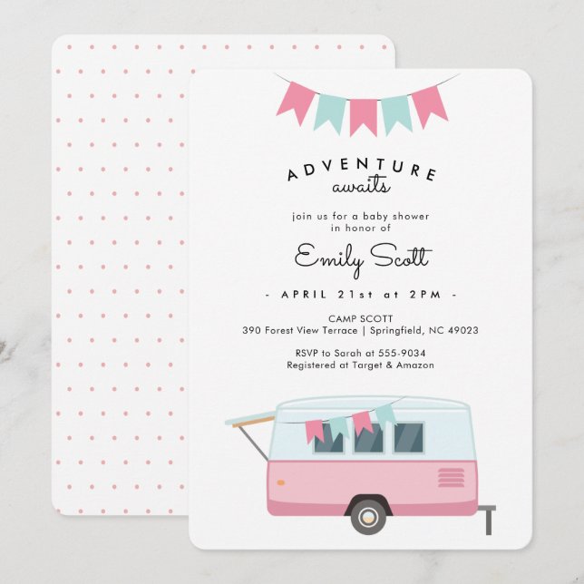 Invitation Camping Pink Adventure Await Baby shower (Devant / Derrière)
