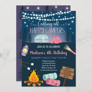 Invitation Camping pour filles roses Anniversaire