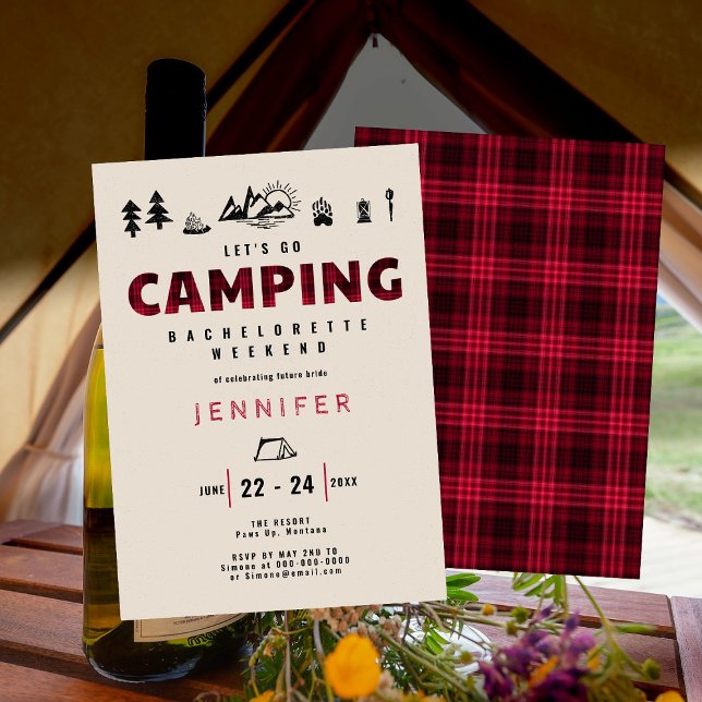 Invitation Camping Red Plaid Extérieur Bachelorette Party (Créateur téléchargé)