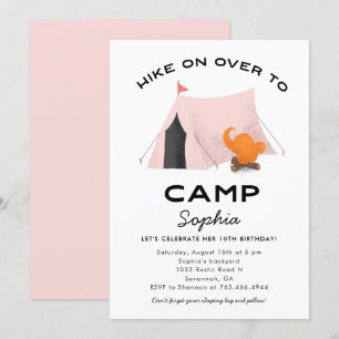 Invitation Camping Rose Cute fête d'anniversaire