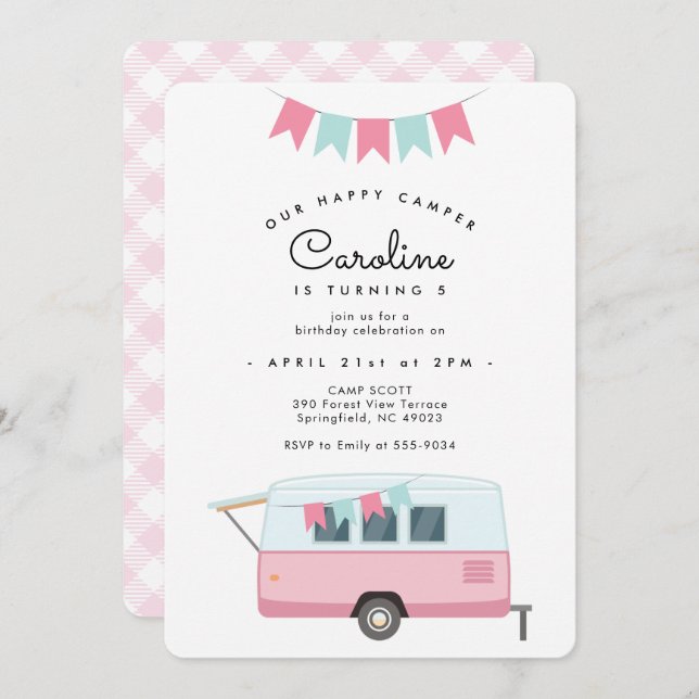 Invitation Camping Rose Cute Joyeux Camper Anniversaire (Devant / Derrière)