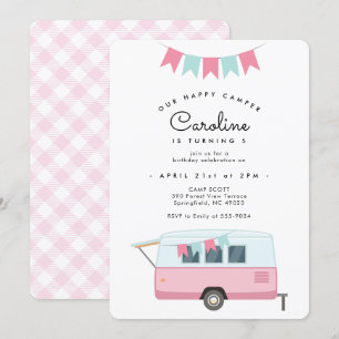 Invitation Camping Rose Cute Joyeux Camper Anniversaire