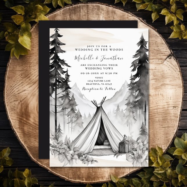 Invitation Camping Rustique Mariage forestier de montagne (Rustic Elegant Glamping Camping Mountain Forest Invitation)