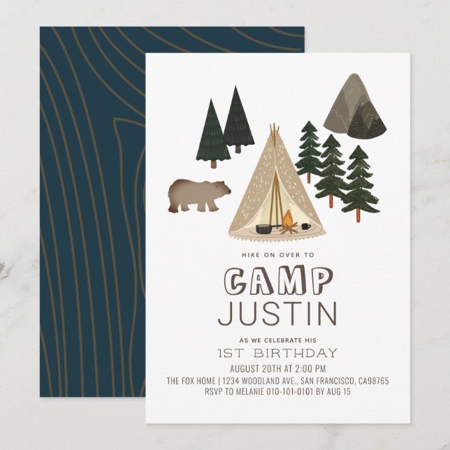 Invitation Camping Tente Bear Boy 1er anniversaire (Devant / Derrière)