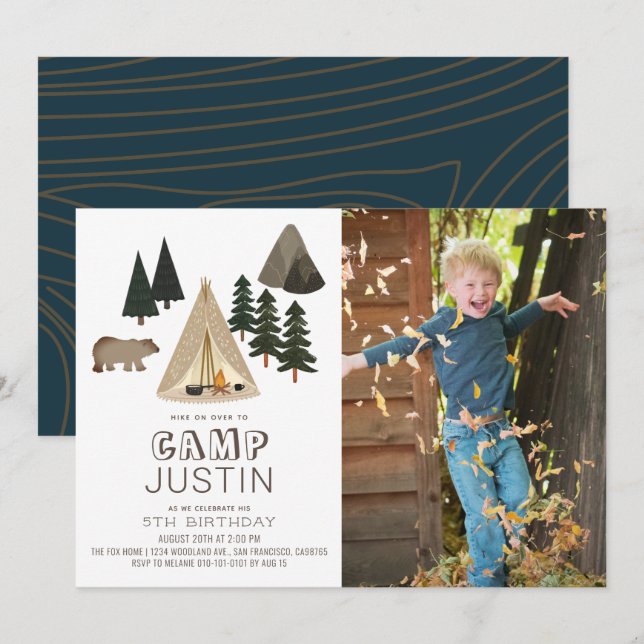 Invitation Camping Tente Bear Boy Anniversaire Photo Invitati (Devant / Derrière)