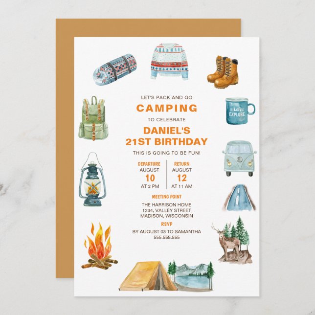 Invitation Camping Watercolor Campout extérieur Anniversaire (Devant / Derrière)